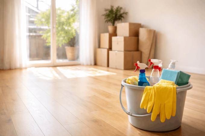 leaning supplies and moving boxes in an empty apartment